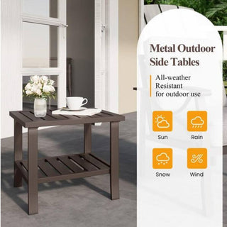 19" Square Black/Brown Metal Outdoor Side Table, 2-Tier All-Weather Patio End Table