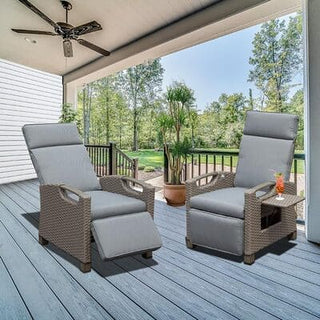 Outdoor Wicker Reclining Chair with Push-Back Backrest, Flip-Up Side Table & Thick Cushions for Patio & Backyard