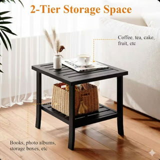 19" Square Black/Brown Metal Outdoor Side Table, 2-Tier All-Weather Patio End Table