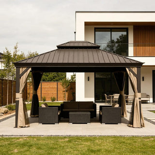 Hardtop Gazebo with Galvanized Steel Double Roof, Metal Gazebos with Drainage System Patio Pergola for Patio Deck Backyard,Curtain and Netting