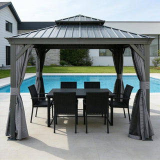 Hardtop Gazebo with Galvanized Steel Double Roof, Metal Gazebos with Drainage System Patio Pergola for Patio Deck Backyard,Curtain and Netting