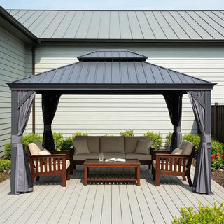 Hardtop Gazebo with Galvanized Steel Double Roof, Metal Gazebos with Drainage System Patio Pergola for Patio Deck Backyard,Curtain and Netting