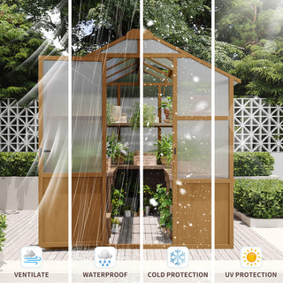 6x8 FT Wooden Walk-In Greenhouse with 6mm Polycarbonate Panels & Adjustable Roof Vent – Outdoor Garden Greenhouse for Backyard & Patio
