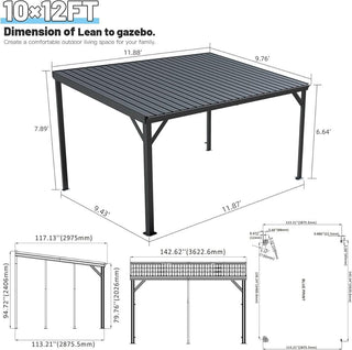 Wall-Mounted Hardtop Lean-to Gazebo with Gutters – Galvanized Steel Roof Outdoor Pergola Canopy