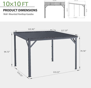 10X10 FT Lean to Gazebo, Wall Mounted Gazebos Pergola with Built in Drainage System, Galvanized Steel Roof