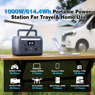 1000W Portable Power Station, 614Wh Solar Generator with 120V AC Outlet for Camping, RV & Emergency Backup