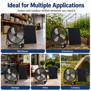 24"/30" Wheeled Solar Ventilation Fan with 140W Adjustable Monocrystalline Panel, 130W DC Brushless Motor & 3-Speed Remote for Warehouse & Workshop