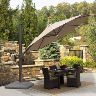 11ft Solar LED Market Umbrella with Base – Outdoor Round Patio Umbrella with Crank & Aluminum Pole