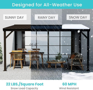Wall-Mounted Hardtop Lean-to Gazebo with Gutters – Galvanized Steel Roof Outdoor Pergola Canopy