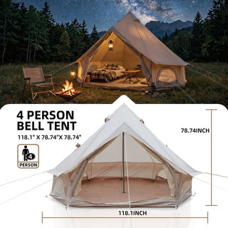 9.8FT 4-Season Bell Tent, Waterproof Glamping Yurt Tent with Stove Jack, Green/Beige Canvas Family Camping Tent for 4 Persons Outdoor Camping & Parties
