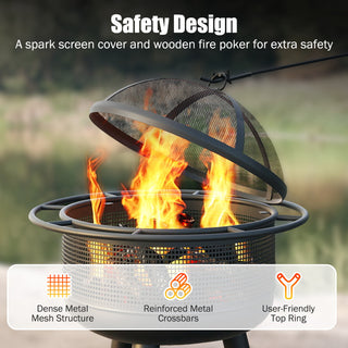 24 Inch Wood Burning Fire Pit with Log Grate and  Mesh Screen for Outside