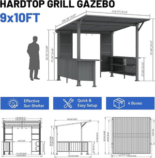 9x10FT Grill Gazebo Hardtop, Metal BBQ Gazebo with Storage Shelves and Expansion Platform, Heavy Duty Grill Canopy with Sloped Roof for Patio