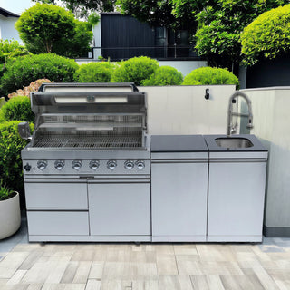 43" Deluxe 6-Burner Outdoor Kitchen Island Grill, 85,000 BTU Stainless Steel BBQ with Rotisserie, Granite Countertop, Sink & Storage Cabinets