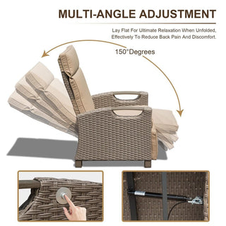 Outdoor Wicker Reclining Chair with Push-Back Backrest, Flip-Up Side Table & Thick Cushions for Patio & Backyard