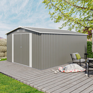 Outdoor Storage Shed 10×14 FT with 3 Lockable Doors,4 Air Vents & Sloped Roof,Utility Tool Shed Metal Storage Garden Sheds Frame and 4 Vents,for Backyard,Patio,Lawn,Light Gre
