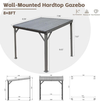 Wall-Mounted Hardtop Lean-to Gazebo with Gutters – Galvanized Steel Roof Outdoor Pergola Canopy