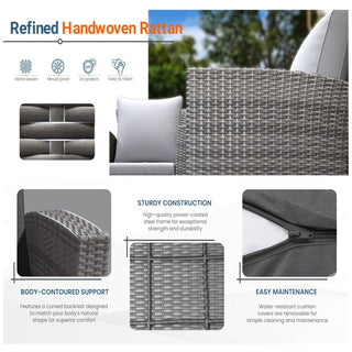 4-Piece Wicker Patio Conversation Set With Glass Table and Blue/Black/Gray Cushions