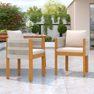 Acacia Wood Outdoor Dining Chairs 2-Pack with Mix White Rope Handles, Washable Waterproof Brown/Grey/Beige Cushions, 400 lbs Capacity