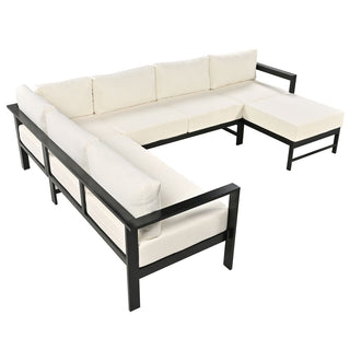 U-Shaped All Weather Patio Sectional Sofa Set, 5-6 Seater Outdoor Conversation Couch with 5.9" Thick Cushions & Heavy Duty Iron Frame for Garden Backyard Poolside