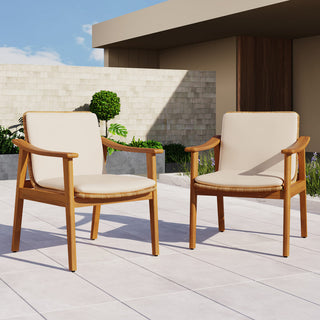 Outdoor Dining Chairs Set of 2, Teak Color Acacia Wood Frame, Brown PE Wicker, Grey Waterproof Cushion