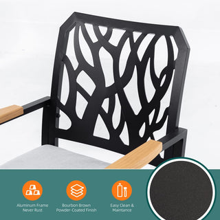 Outdoor Patio K/D Aluminum Stationary Dining Chairs 2PCS with Outdoor-grade Sunbrella Fabric Cushions, Branch-Like Backrest ,FSC-Certified Wood Armrest