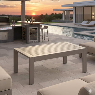 43" x 24" All-Weather Metal Outdoor Coffee Table with Wood-Look Top and Khaki/Black Frame