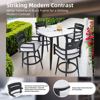 5-Piece Outdoor Patio Swivel Bar Set with Marble-Style Stone Table & Aluminum Swivel Bar Stools