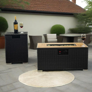 32" Propane Gas Fire Pit Table with Propane Tank Cover 2-Pieces, 50000 BTU Rectangular Steel Fire Pit with Beautiful Wicker Base for Outside Garden-Beige/Dark Gray