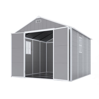 8X8 FT resin storage shed, high quality pp material, strong structure, waterproof, rust and UV proof, large storage space, 12mm thick pp board, HD window lighting