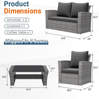 4-Piece Wicker Patio Conversation Set With Glass Table and Blue/Black/Gray Cushions