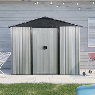 8X4 FT Outdoor Metal Storage Shed with Sliding Door and Foundation, Weatherproof Garden Tool Organizer for Backyard & Patio