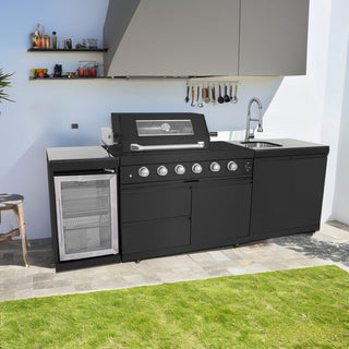 Mondawe 46" 4-Burner Outdoor Kitchen Island Grill, 72,000 BTU Stainless Steel BBQ with Wine Cooler, Rotisserie, Sink & Granite Countertop