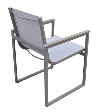 Outdoor Patio Dining Chair in Gray Powder Coated Finish with Gray Sling Textilene and Gray Wood Accent Arms - Set of 2