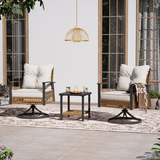 3-Piece Wicker Rocking Bistro Set with Cushioned Swivel Rocking Chairs & Coffee Table for Porch, Patio & Backyard