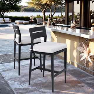 Modern 2-Piece Outdoor Aluminum Bar Stools with Sunbrella Cushions – Ergonomic Patio Bar Chairs in Black/Beige/Red