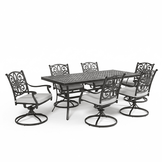 7-Piece Cast Aluminum Outdoor Dining Set - Hollow Table with Umbrella Hole & Swivel Rocking Chairs
