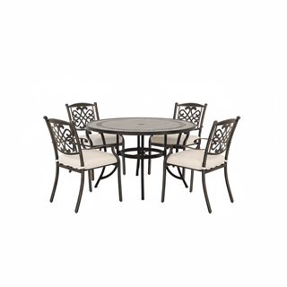 5-Piece Outdoor Dining Set - Round Gray Tile Table & Cast Aluminum Cushioned Chairs