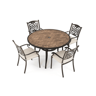 5-Piece Outdoor Cast Aluminum Dining Set with Tile-Top Round Table & Cushioned Chairs, Patio Furniture with Umbrella Hole