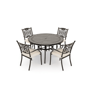 5-Piece Weatherproof Outdoor Furniture Set, Gray Tile Table & Rust-Proof Cast Aluminum Cushioned Chairs