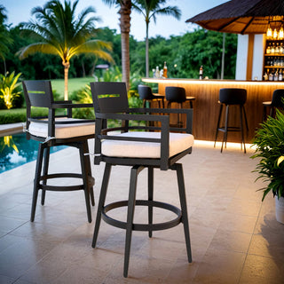 Modern 2-Piece Outdoor Swivel Bar Chairs with Sunbrella Cushions – 360° Aluminum Patio Bar Stools in Ember Black