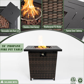 28" Propane Gas Fire Pit Table, 50000 BTU Square Steel Fire Pit with Beautiful Wicker Base for Outside Patio Deck Garden Backyard-Black