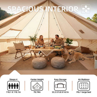 9.8FT 4-Season Bell Tent, Waterproof Glamping Yurt Tent with Stove Jack, Green/Beige Canvas Family Camping Tent for 4 Persons Outdoor Camping & Parties