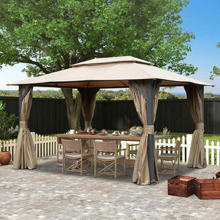10X14 FT Outdoor Gazebo With Double Roofs, Privacy Curtains, Mosquito Nettings, Heavy Duty Metal Frame Party Tent Canopy