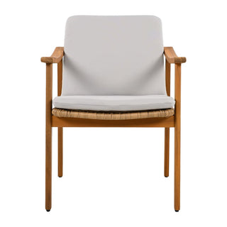 Outdoor Dining Chairs Set of 2, Teak Color Acacia Wood Frame, Brown PE Wicker, Grey Waterproof Cushion