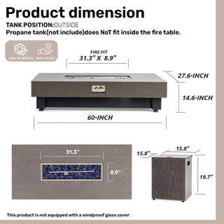 60-INCH FIRE PIT TABLE,Wood Outdoor Gas Fire Pit Table with Rain cover,Rectangular Heater for Patio, Backyard, Deck, Outdoor Modern Patio Fire Pit