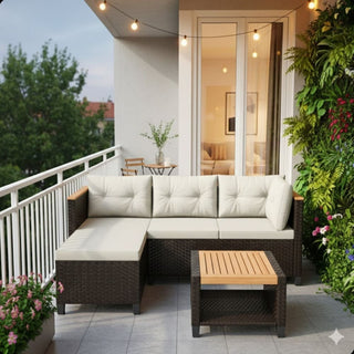3-Piece L-Shaped Wicker Patio Set with Beige/Gray Cushions and Acacia Wood Storage Table