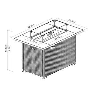 44" Propane Gas Fire Pit Table, 50000 BTU Rectangular Fire Pit, Tile Tabletop with Beautiful Wicker Base for Outside Patio Deck Garden Courtyard-Brown