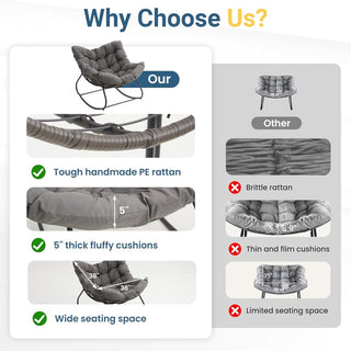 Dark Gray/Light Gray/Green Egg Rocking Chair with Ottoman, All-Weather Wicker Lounge & Cushions