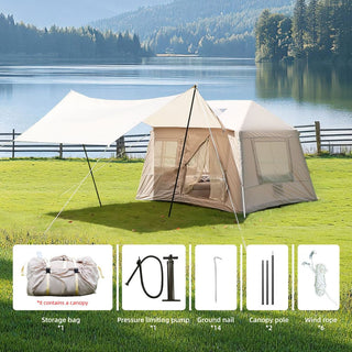 5.72m² Inflatable Glamping Tent with Pump, 4-Season Windproof Cotton Canvas Camping Tent with Mesh Windows