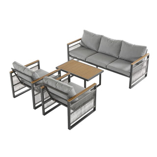 4-Piece Outdoor Metal Patio Furniture Set, 5-Seat Deep Seating Sofa Set with Cushions, Modern Grey & Natural Finish for Porch, Garden & Backyard